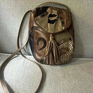 Vtg Sharif 80s Snake Lizard Leather Patchwork Shoulder Bag Tassel